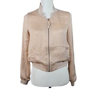 LUCY PARIS M Bomber Jacket Champagne Pink Full Zip Metallic Sparkle Collar Hem‎